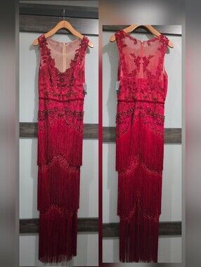 NWT Marchesa Notte jeweled Fringe Gown Gatsby Art Deco deep red Size 4